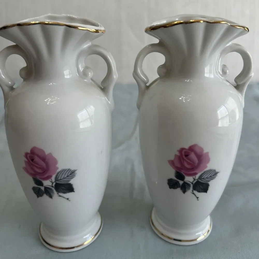 Vintage Moss Rose Porcelain Bud Vases Pair, Made in Japan